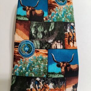 RM Studio Ralph Marlin 1999 Texas Collage Longhorn Lone Star Tie Silk Blue Brown